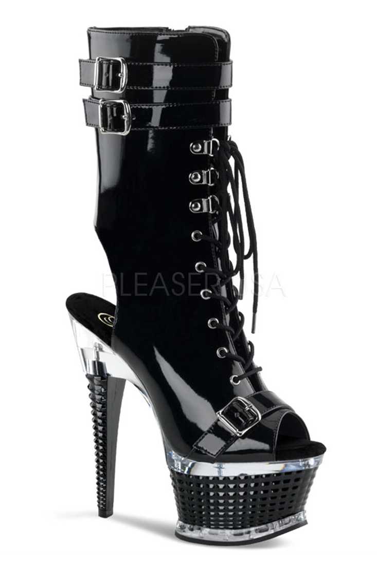 Black Open Toe Lace Up Buckled Straps Platform Booties Patent