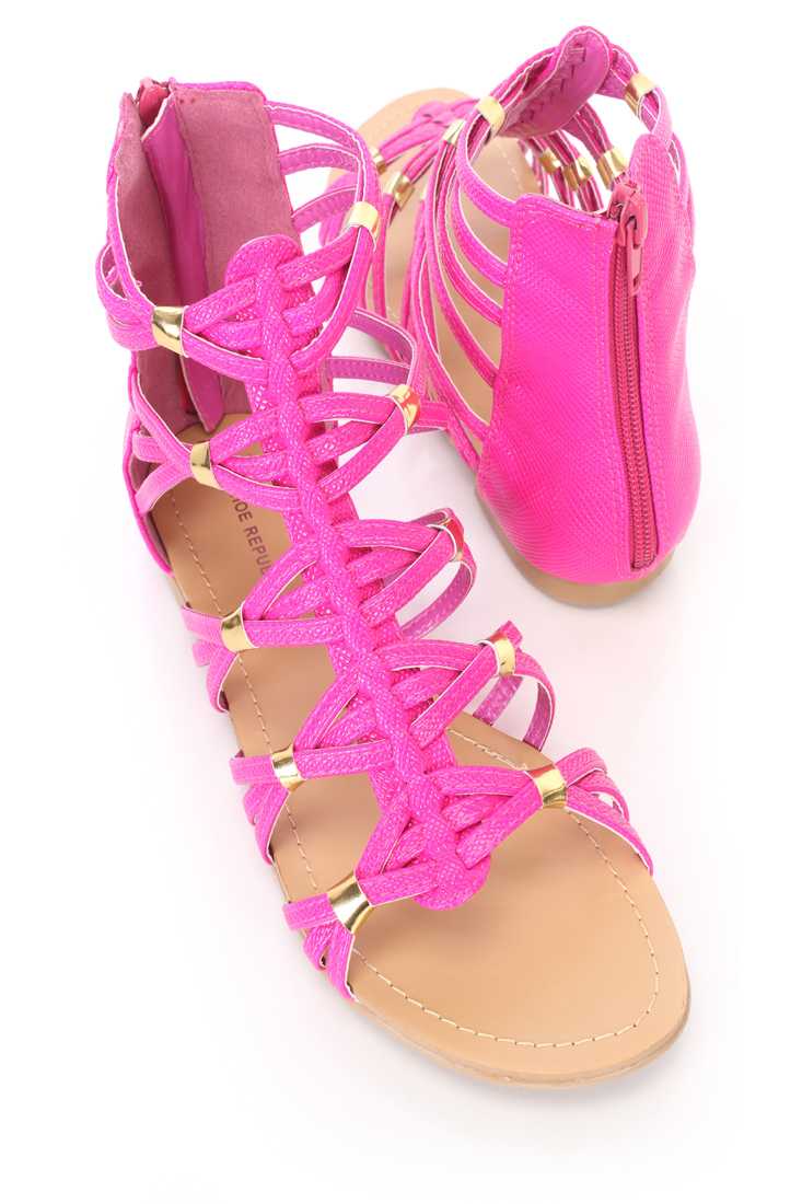 Fuchsia Cross Strappy Open Toe Sandals Faux Leather