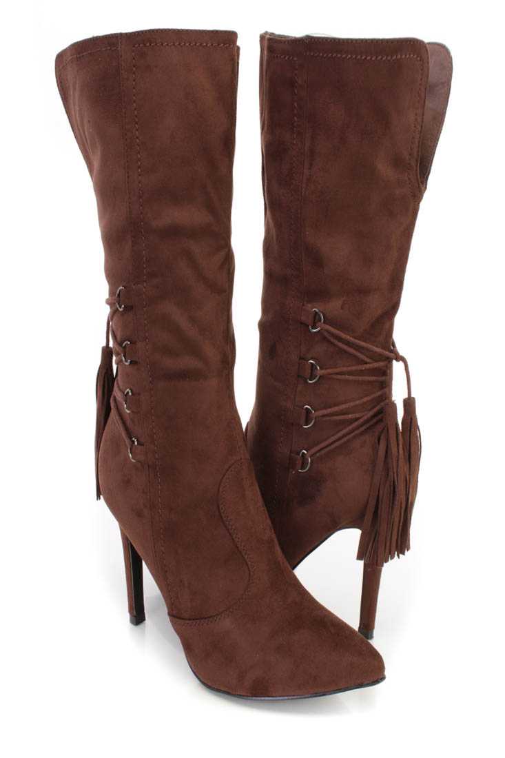 Brown Pointed Toe Single Sole Heel Booties Faux Suede
