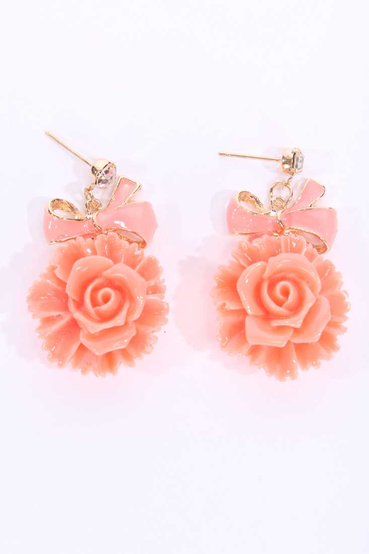 Coral Lacquer Finished Floral Dangle Earrings