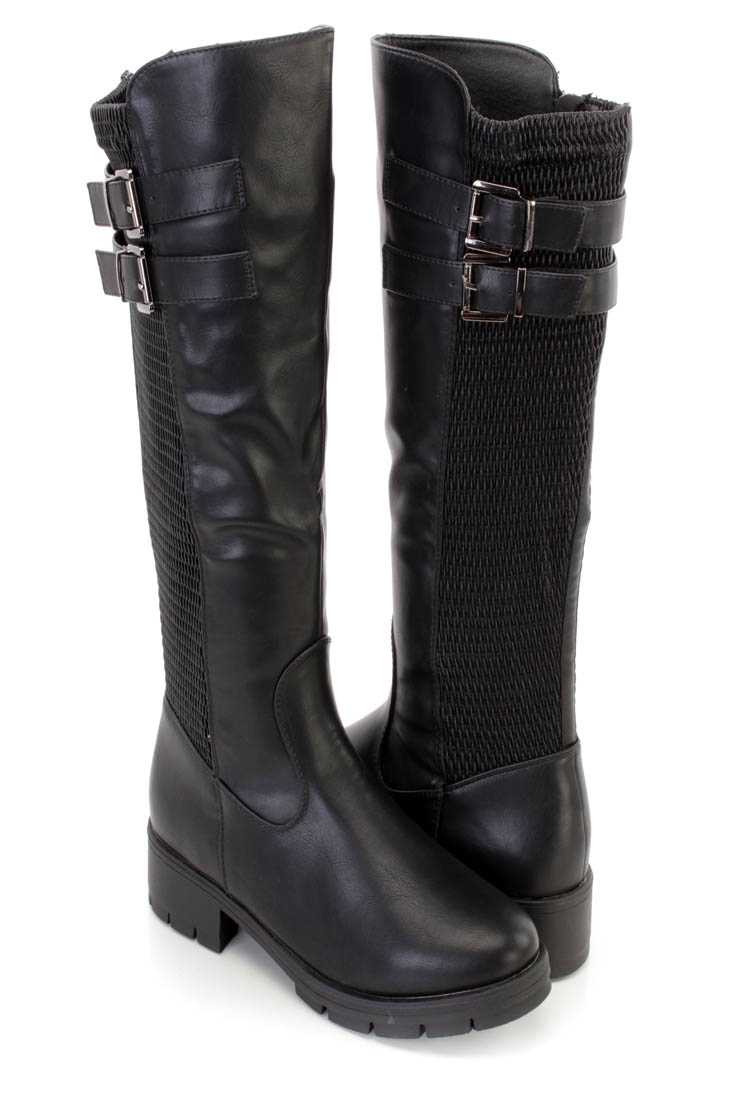 Black Textured Fabric Strappy Riding Boots Faux Leather