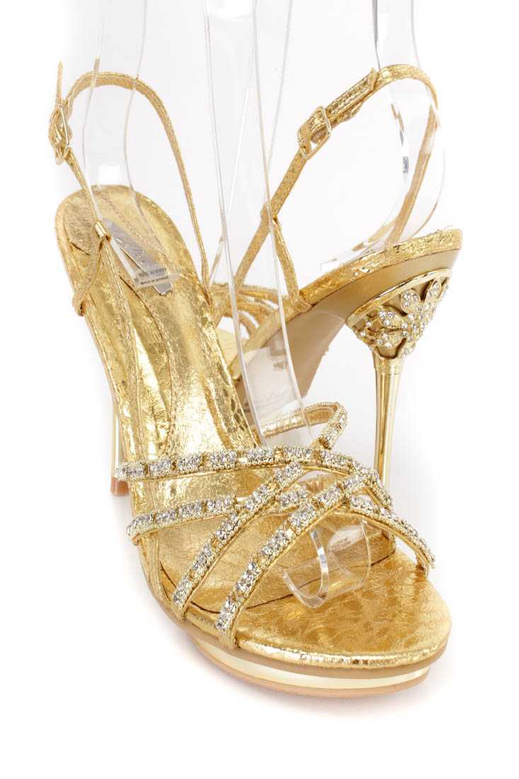 Gold Rhinestone Strappy Stiletto Heels Metallic Faux Leather