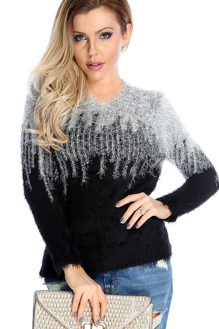Black Gradient Mohair Long Sleeve Sweater Top