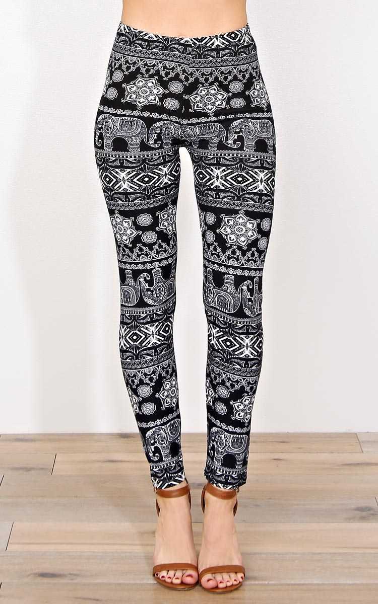 Elephant Harmony Knit Leggings - N/S - Black/White by Styles For Less