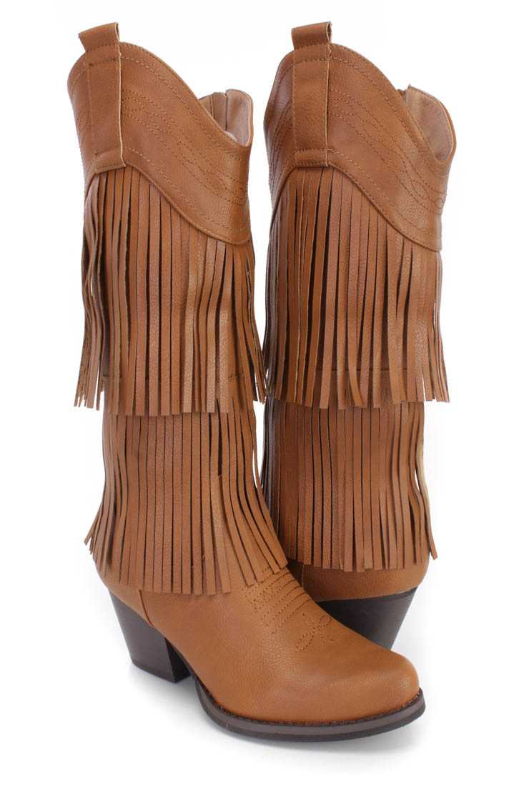 Tan Stitched Fringe Western Boots Faux Leather