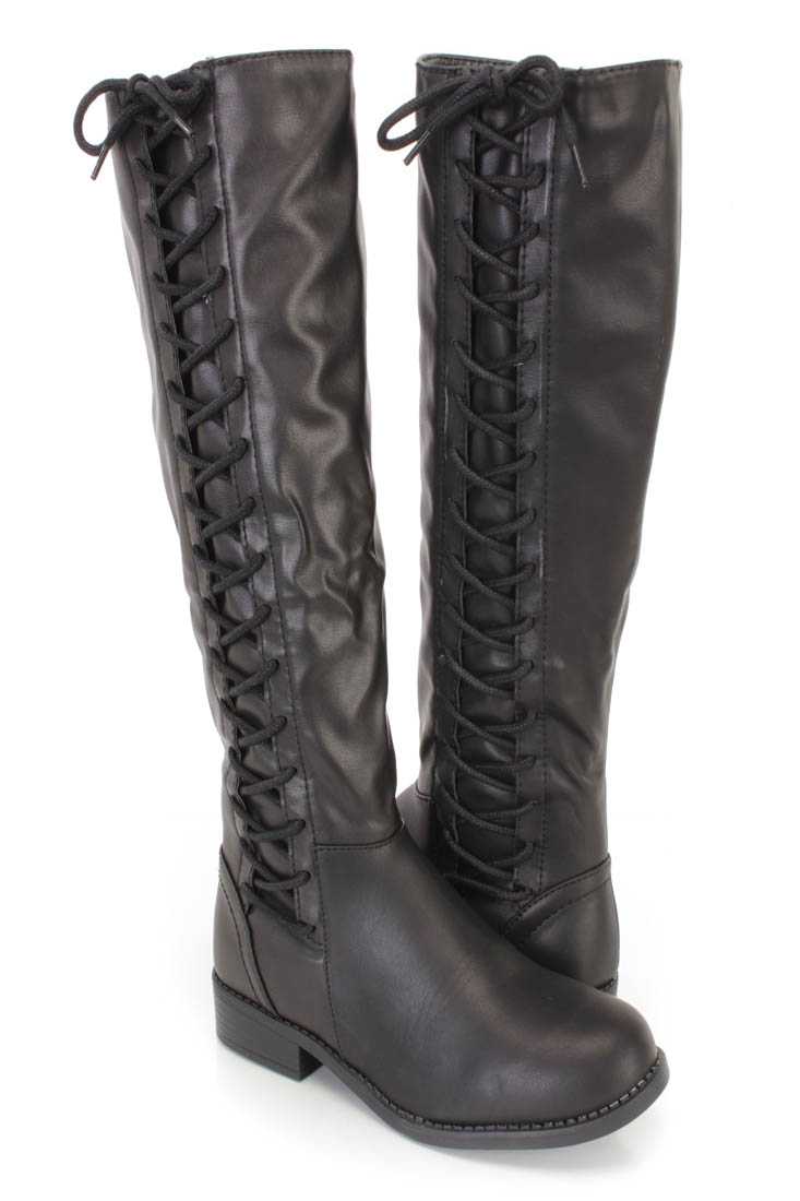 Black Lace Up Knee High Ridding Boots Faux Leather