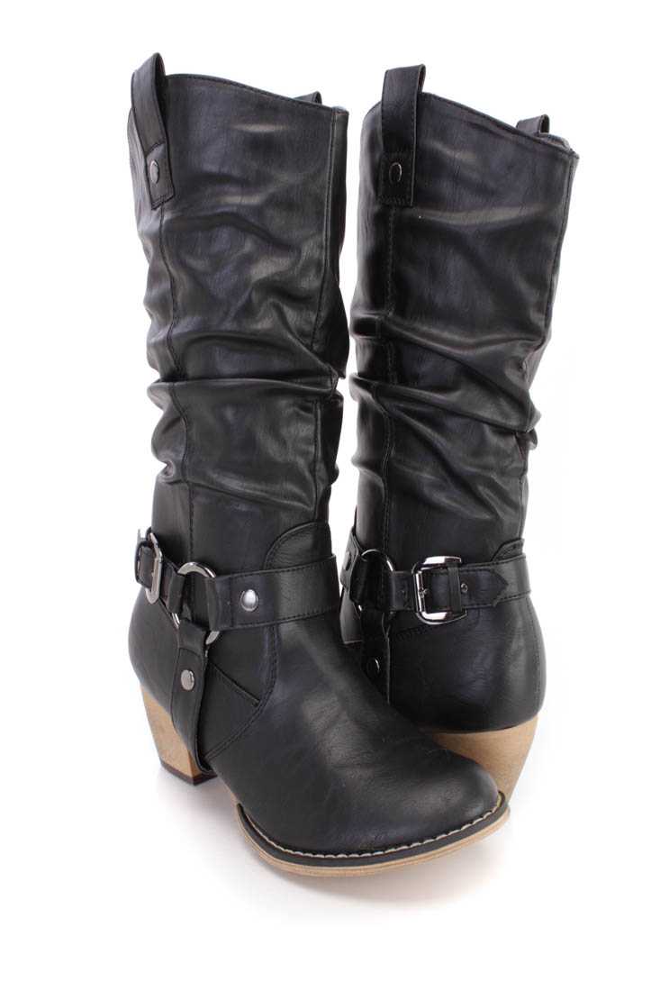 Black Slouchy Pointy Toe Western Style Boots Faux Leather