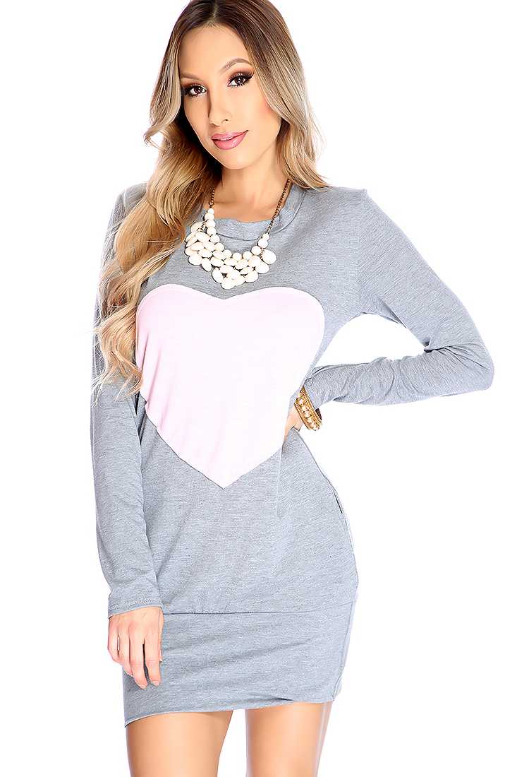 Grey Heart Patch Long Sleeve Causal Dress