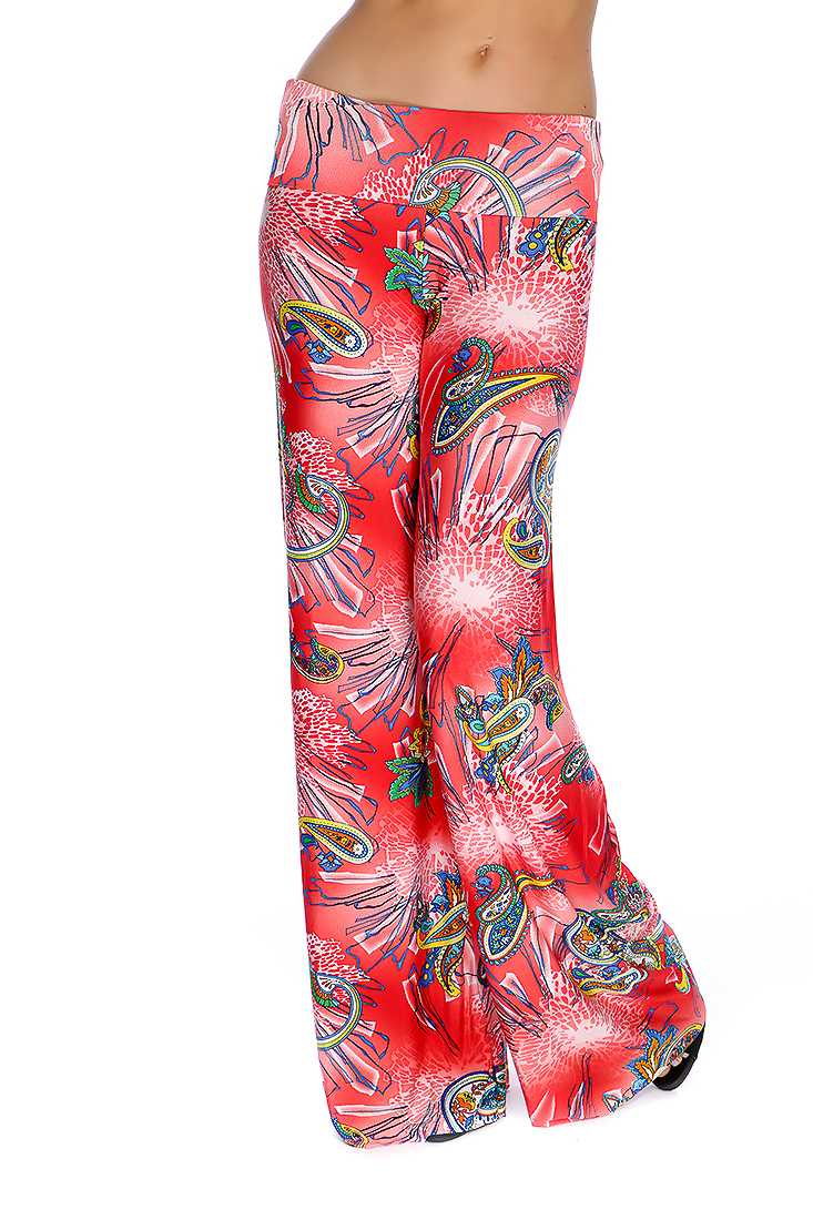 Coral Royal Blue Paisley Print Wide Leg Cute Casual Pants
