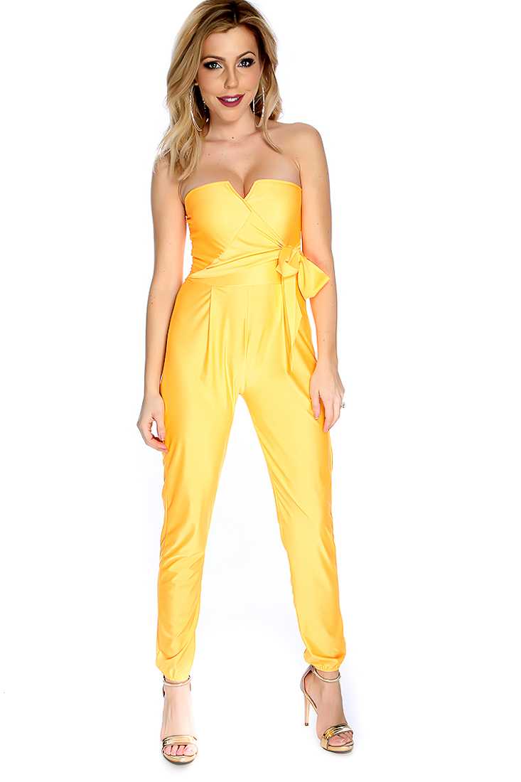 Sexy Neon Orange Strapless Bow Accent Jumpsuit
