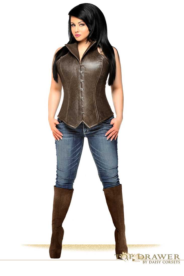 Brown Steel Boned Faux Leather Collared Plus Size Corset Top