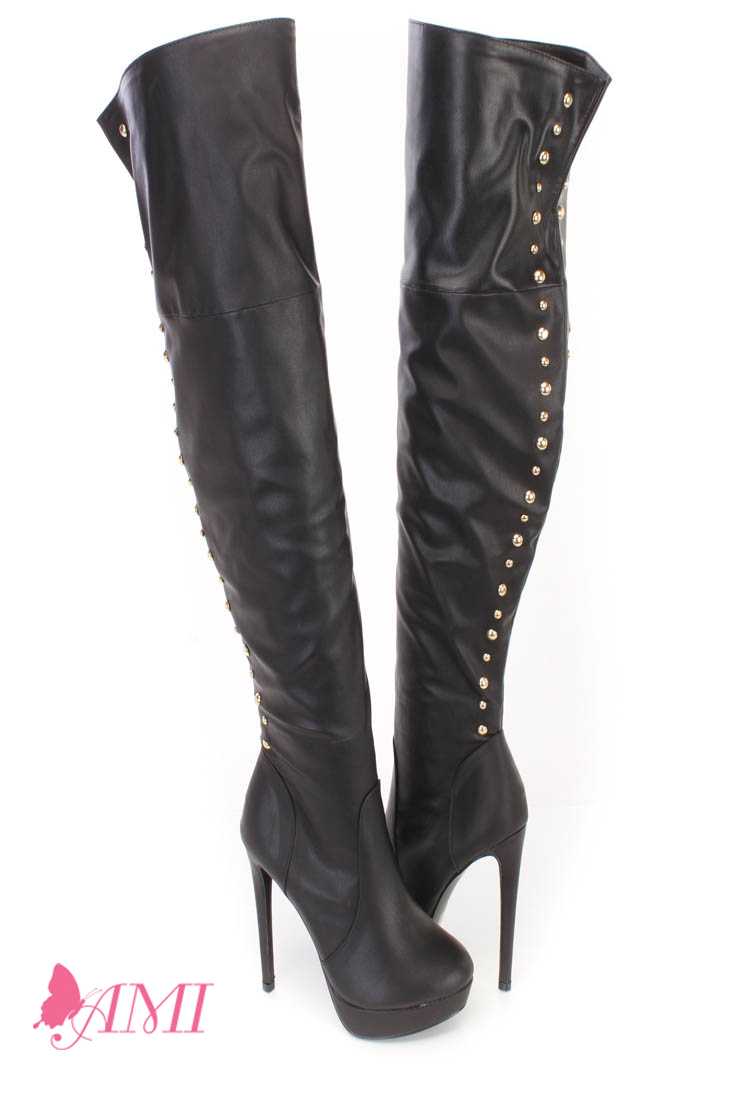Black Studded Thigh High Heel Boots Faux Leather
