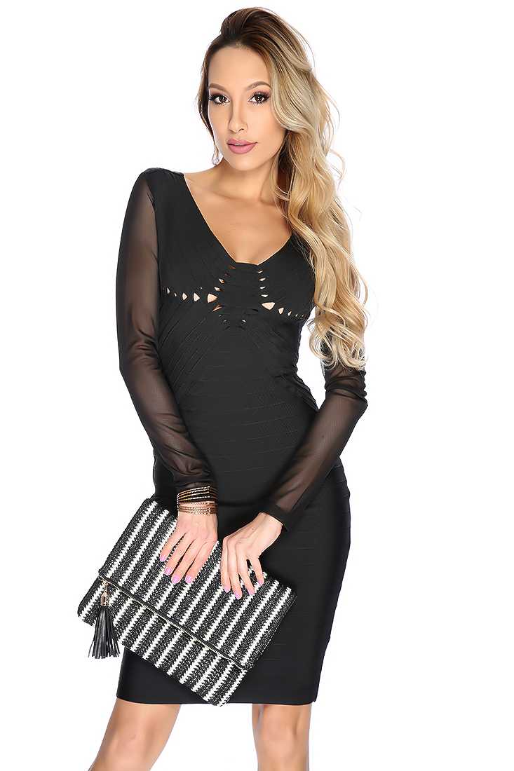 Sexy Black Netted Long Sleeve Bandage Party Dress