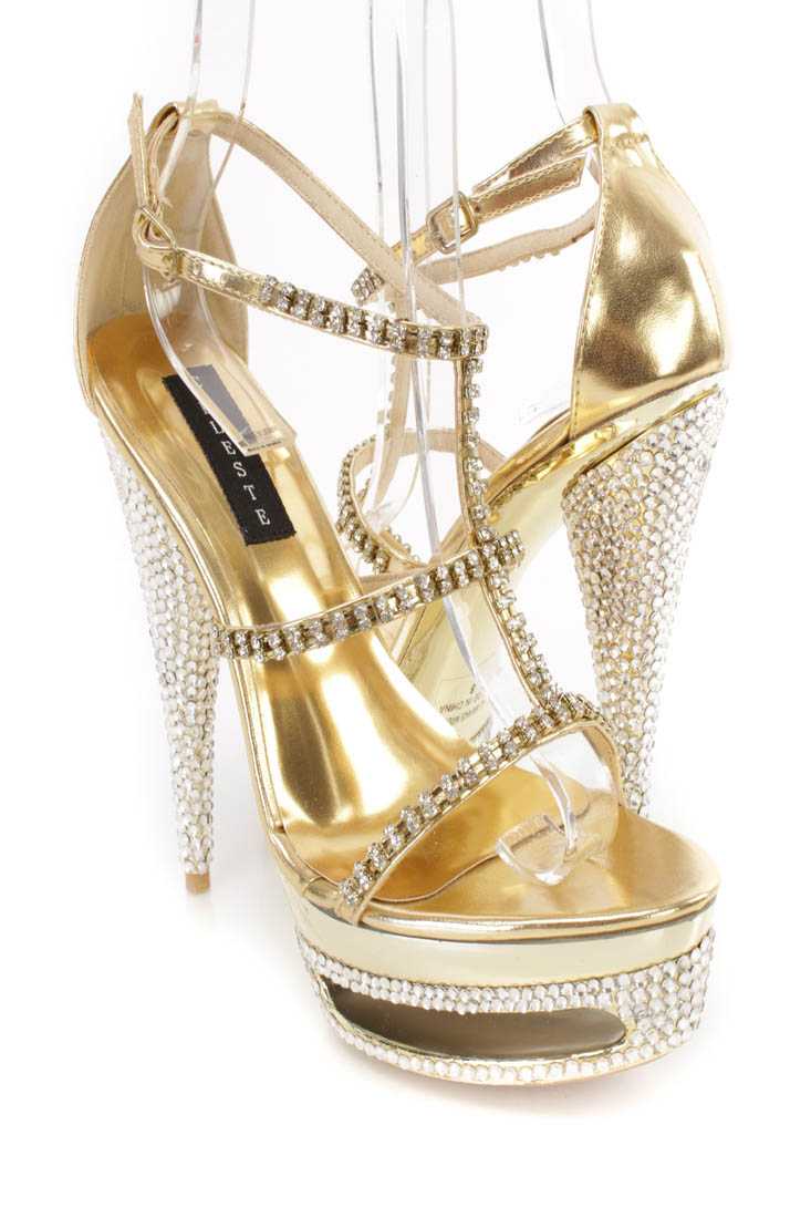 Gold Rhinestone Strappy Platform 6 Inch High Heels Faux Leather