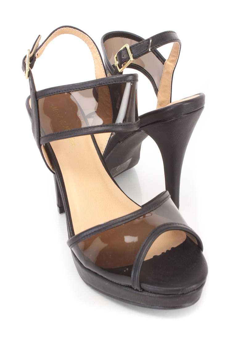 Black Peep Toe Clear Strappy Heels Faux Leather