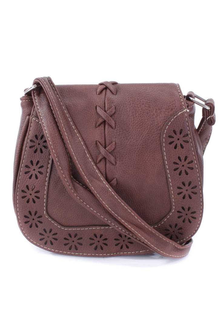 Brown Perforated Floral Accent Faux Leather Saddle Handbag