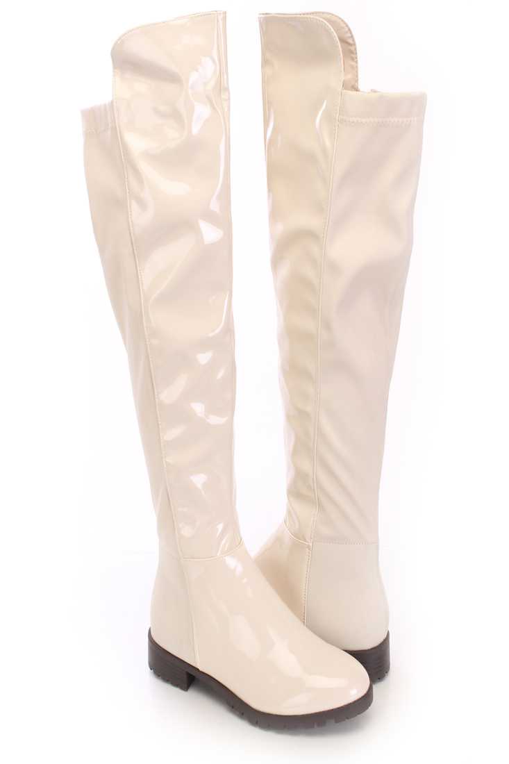 Beige Knee High Riding Boots Patent Nylon