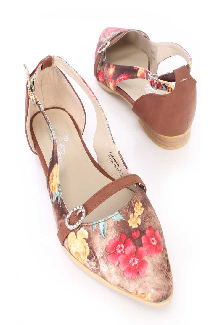 Brown Floral Print Cut Out Flats Fabric