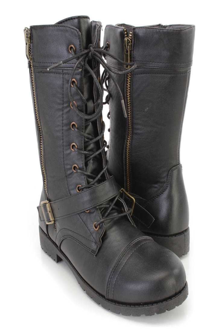 Black Lace Up Strap Combat Boots Faux Leather