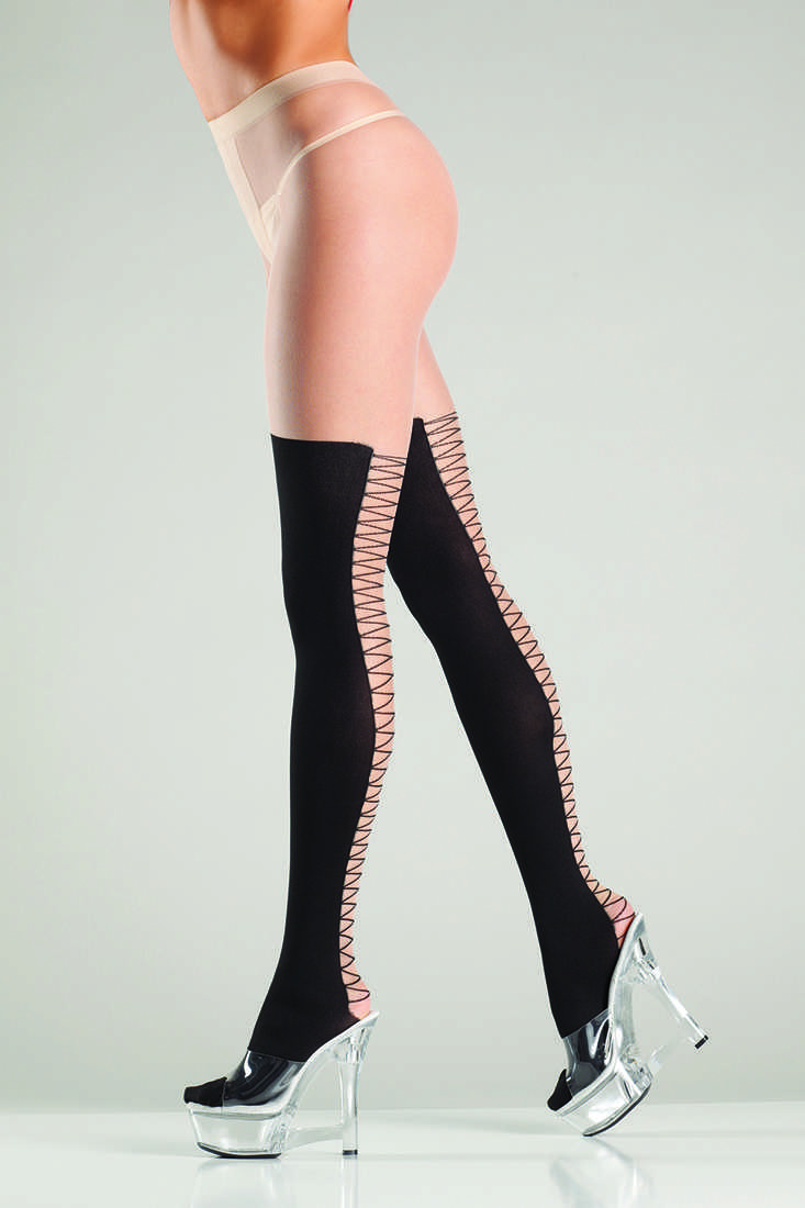 Nude Black Mock Lace Up Back Sheer Tights