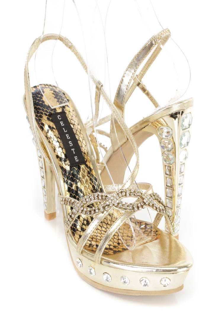 Gold Rhinestone Strappy High Heels Faux Leather