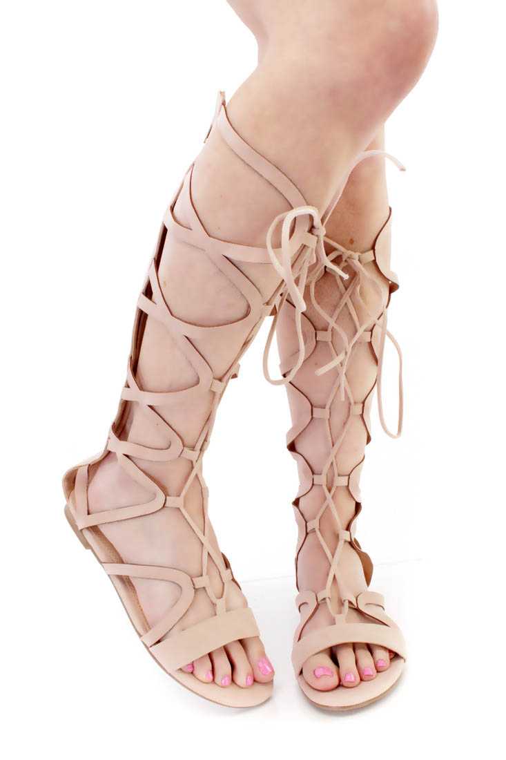 Nude Lace Up Strappy Gladiator Sandals Faux Suede