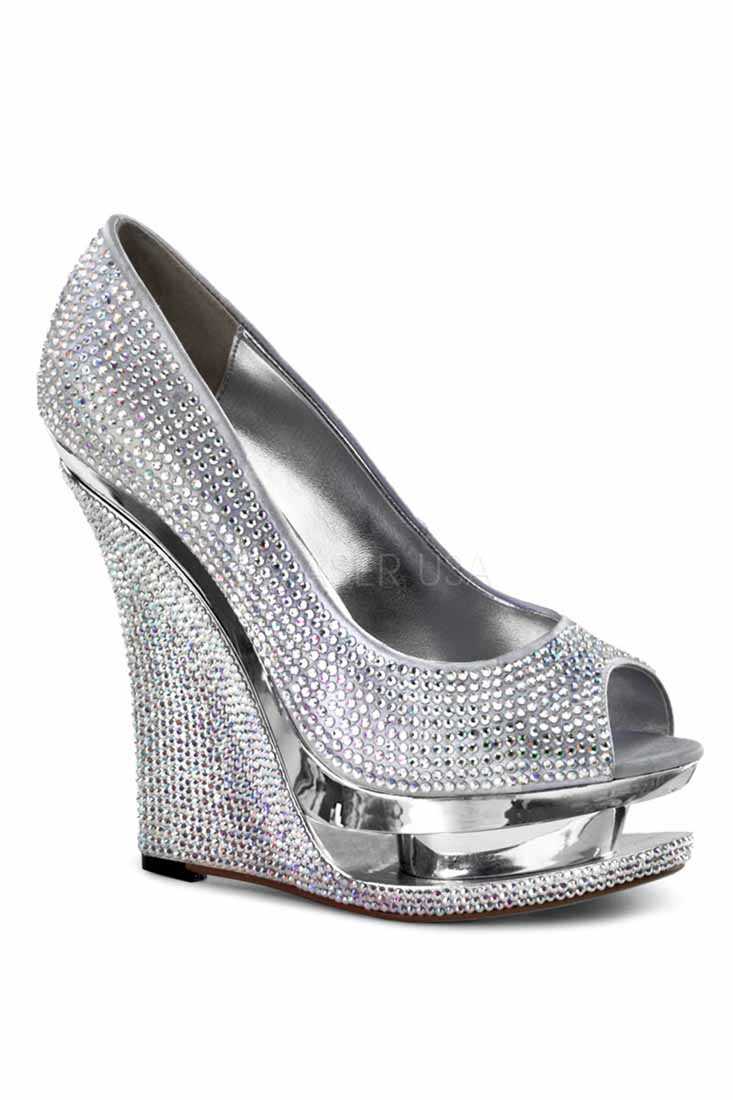 Silver Rhinestone Peep Toe Carved Platform Wedges Satin