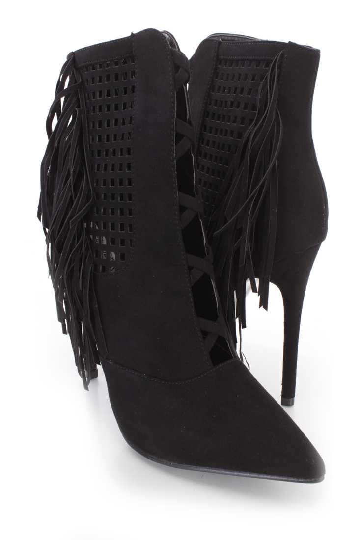 Black Perforated Fringe Ankle Booties Faux Suede