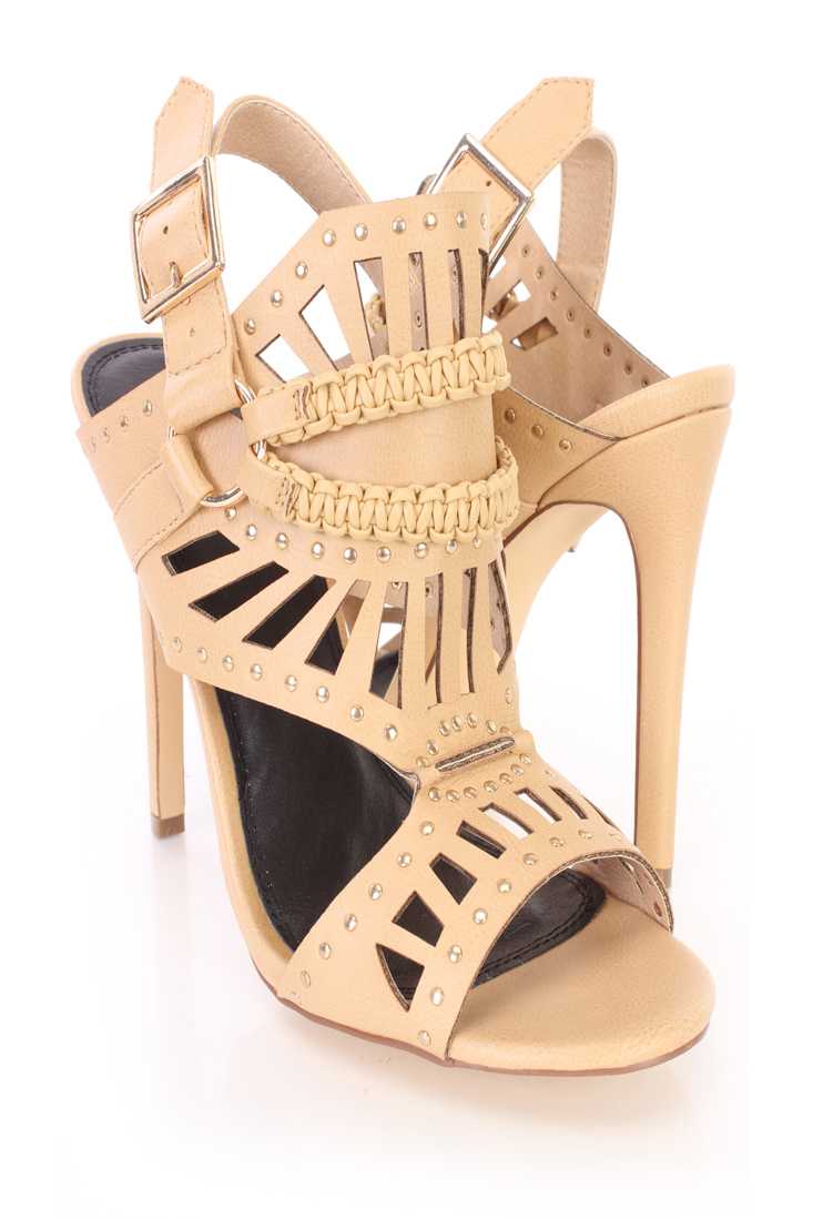 Beige Cut Out Studded Single Sole Booties Faux Leather