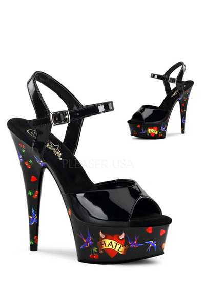 Black Patent Love Hate Printed Platform High Heels