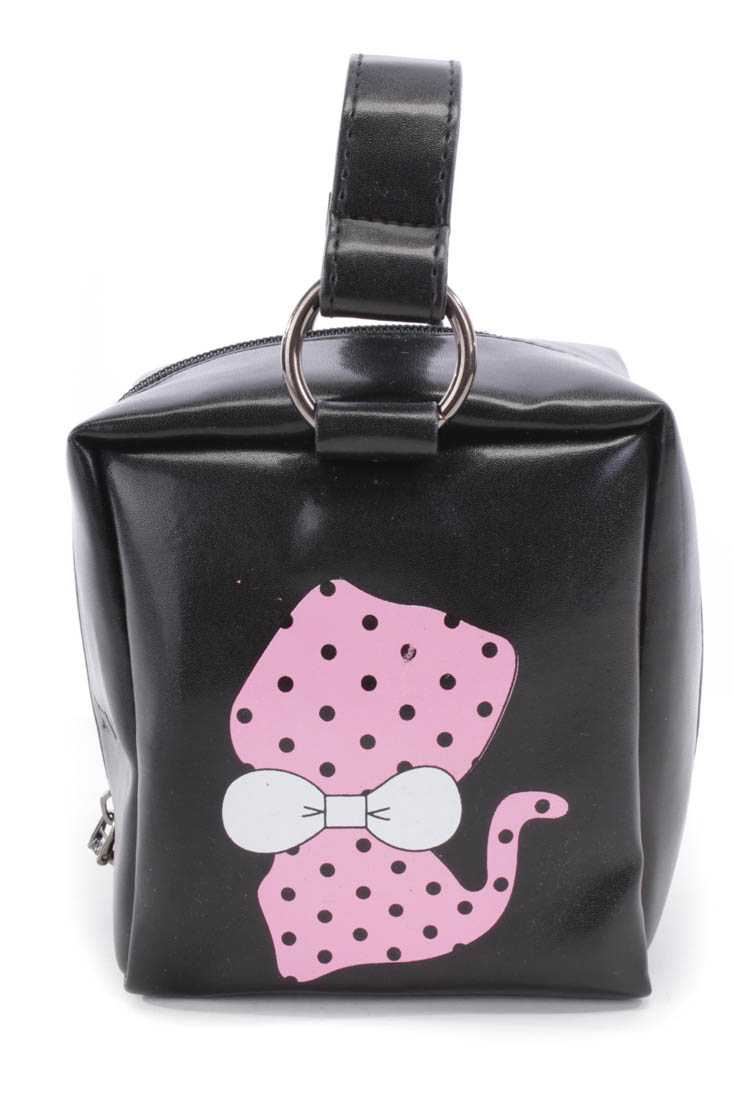 Pink Black Faux Leather Cat Print Mini Handbag