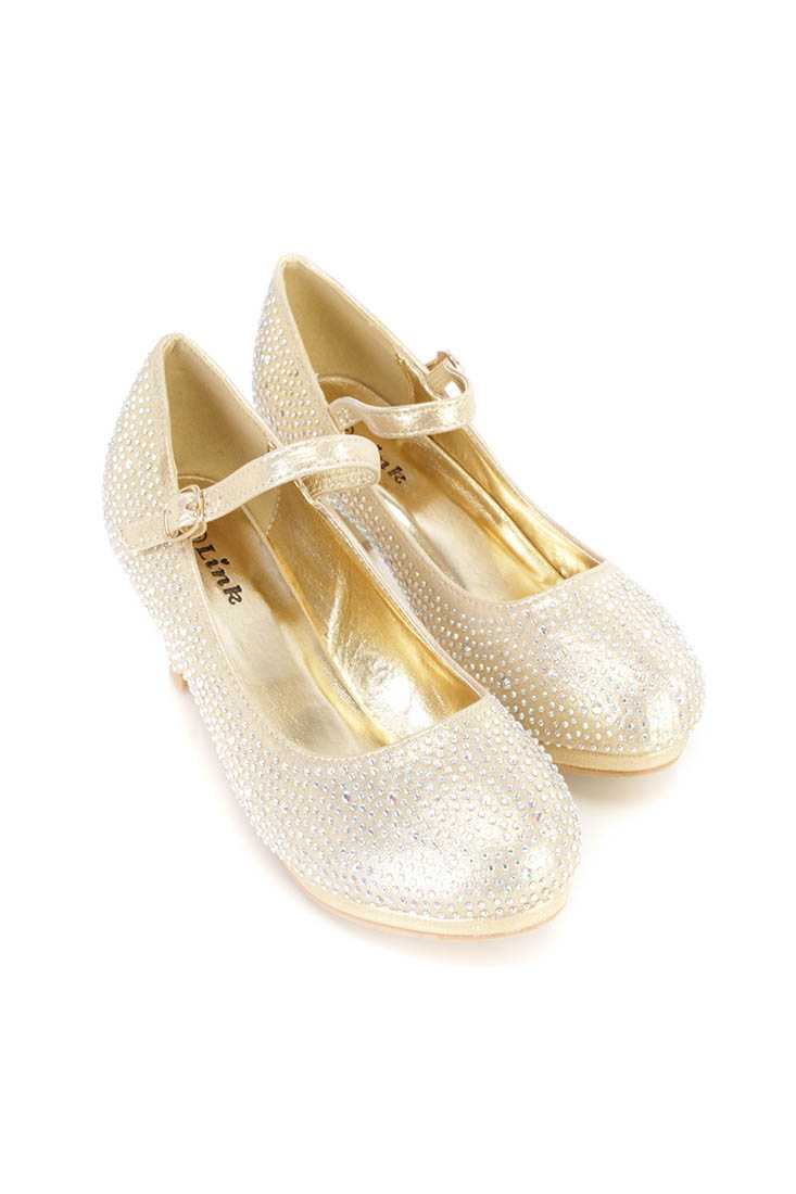 Gold Rhinestone Maryjane Kids Heels Shimmer Fabric