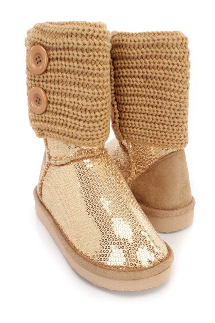Gold Knitted Cuff Slip On Casual Boots Sequin