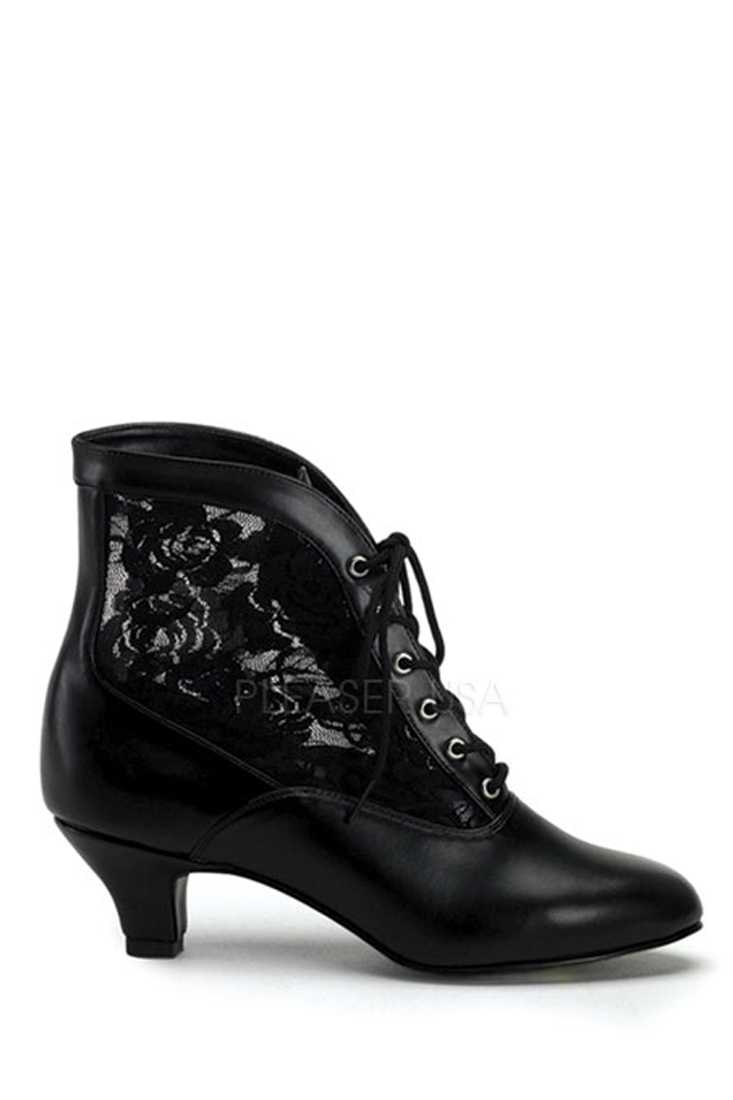 Black Lace Inset Victorian Booties Faux Leather