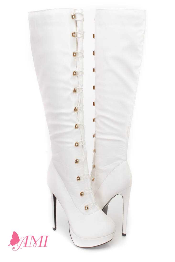 White Hook Loop High Heel Boots Faux Leather