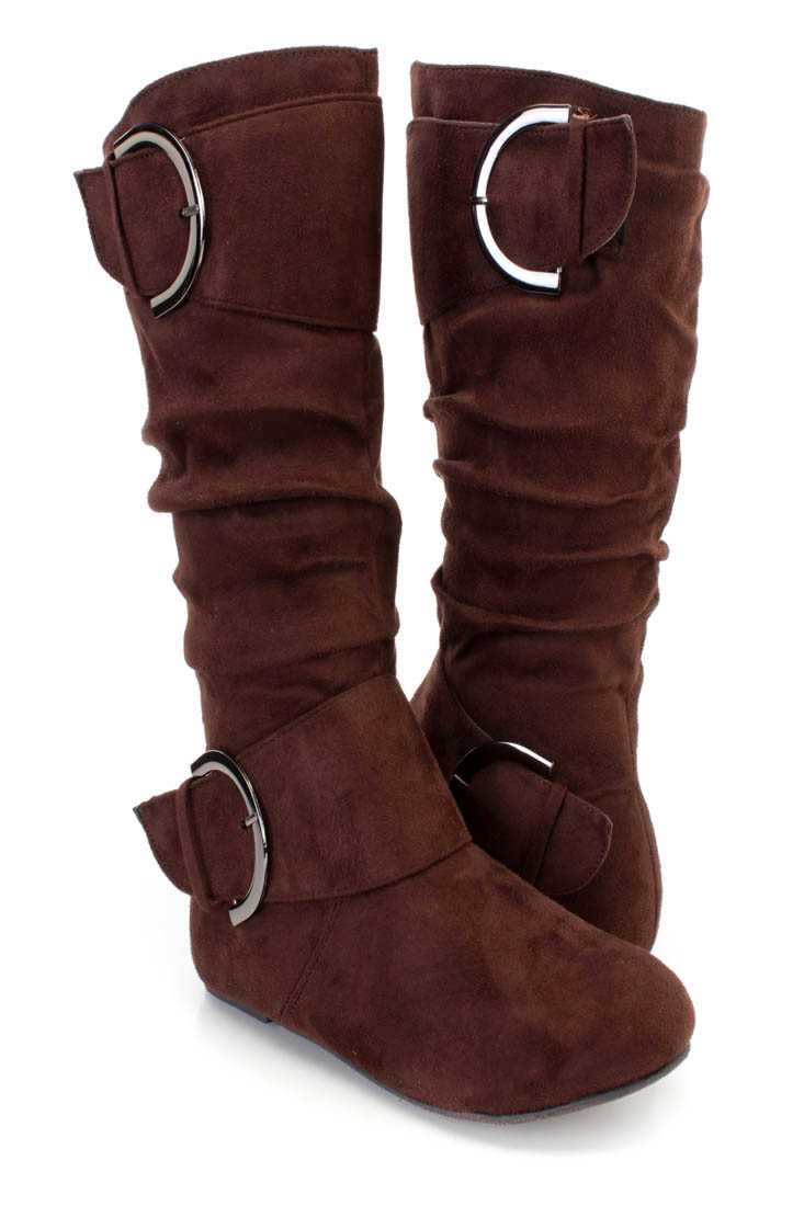 Brown Buckle Strappy Casual Boots Faux Suede