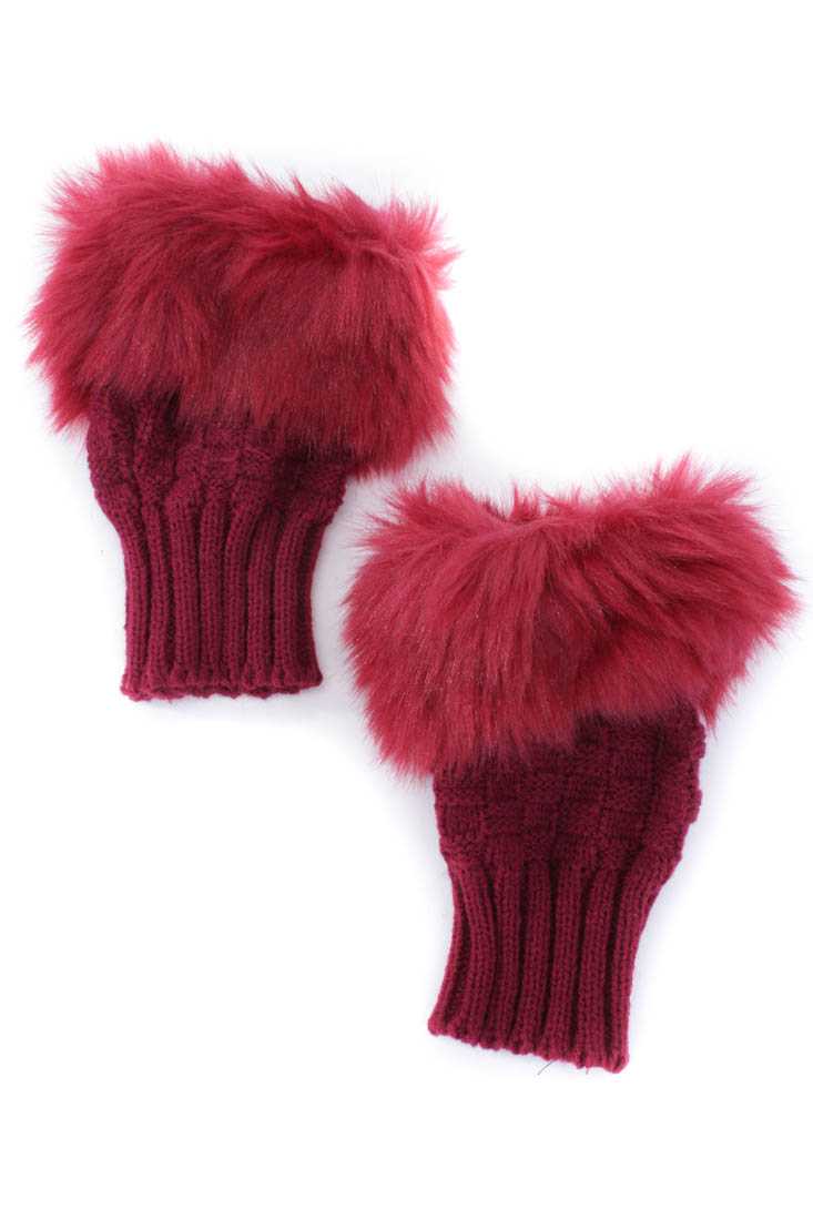 Wine Knitted Fax Fur Arm Cuffs