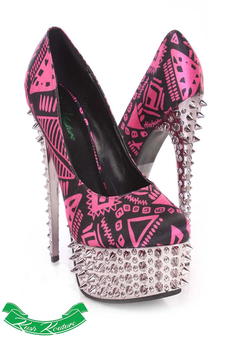 Black Fuchsia Printed Pump High Heels Fabric