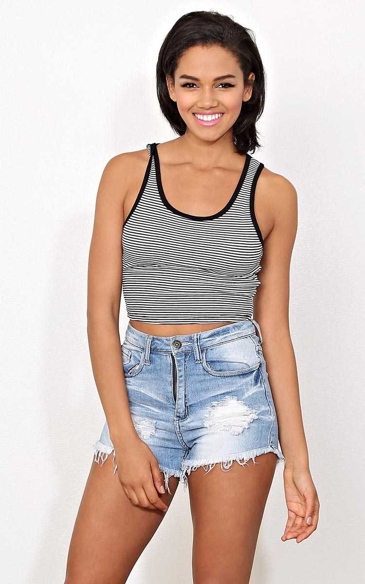 Crossing Line Rib Knit Lace Up Top - - Black/White in Size by Styles For Less