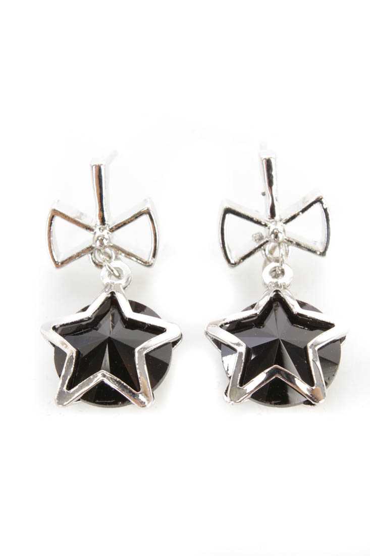 Black Silver High Polish Star Beaded Bow Earrings