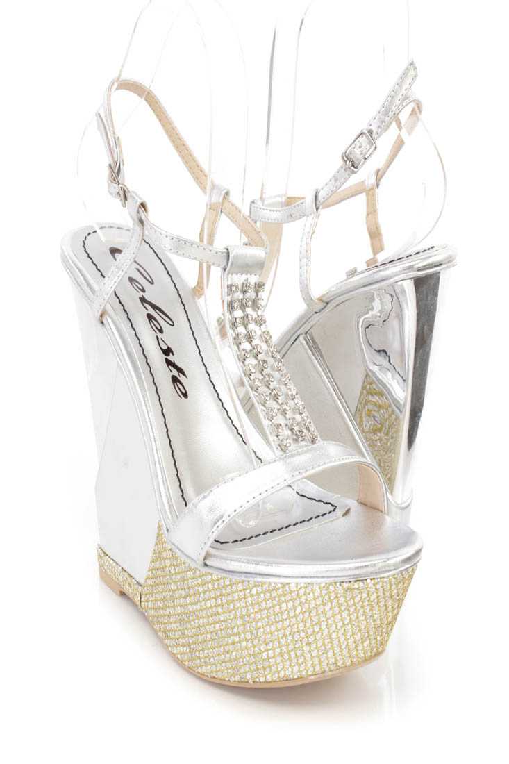 Silver Rhinestone T Strap Platform Wedges Faux Leather