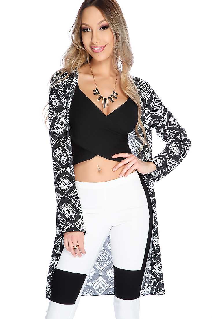 White Black Long Sleeve Open Front Kimono