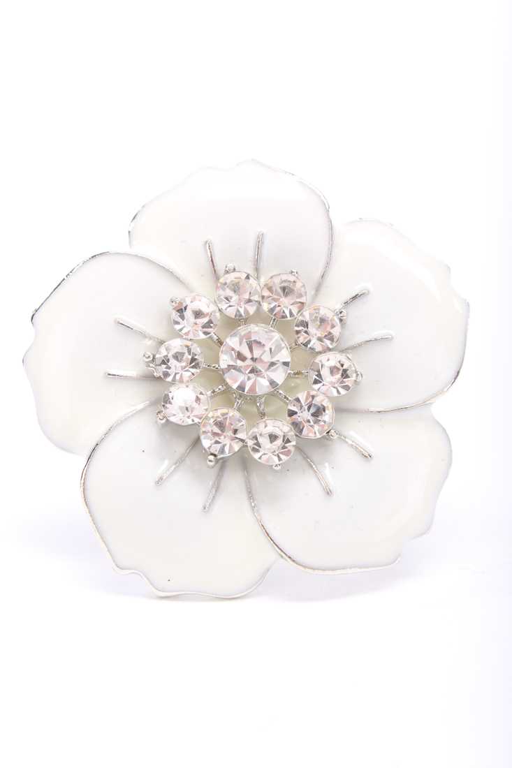 Silver White Diamond Gemstone Clustered High Polish Outlined Flower Ring