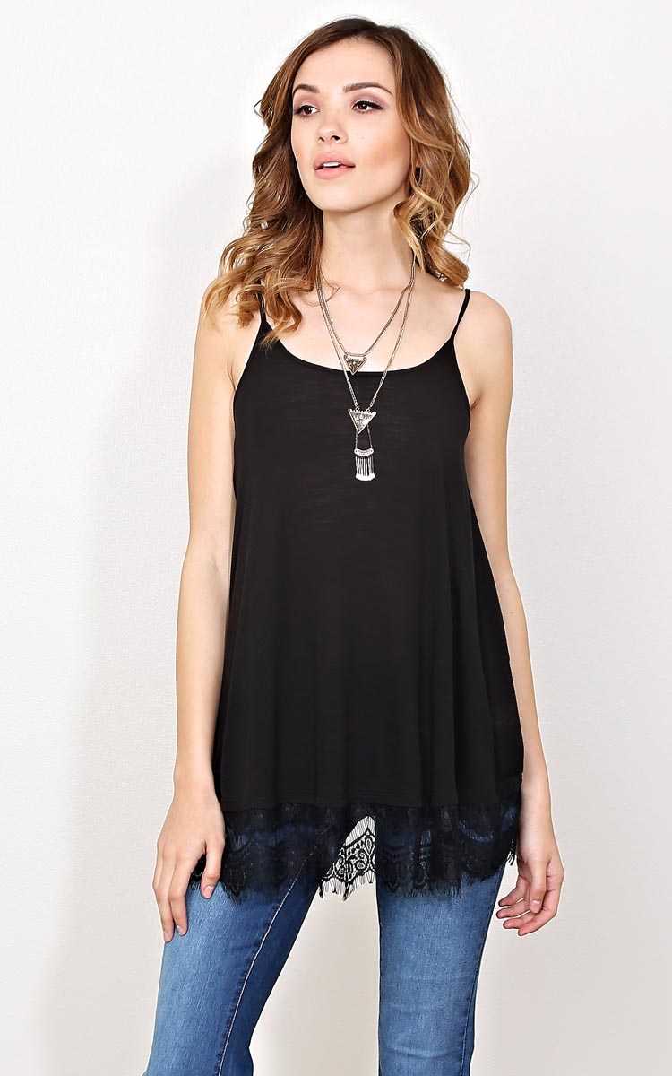 Patricia Lace Trim Swing Cami - MED - Black in Size Medium by Styles For Less