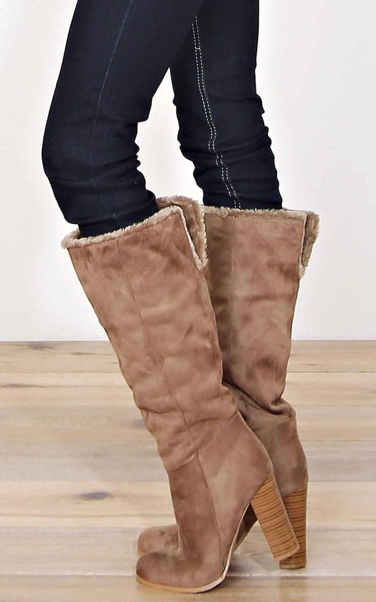 Tasha Fur Trim Boots - Taupe in Size 6 by Styles For Less