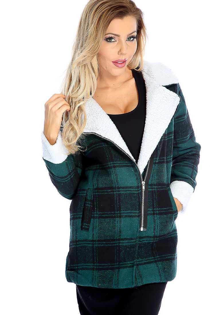 Green Black Plaid Print Shearing Detail Jacket