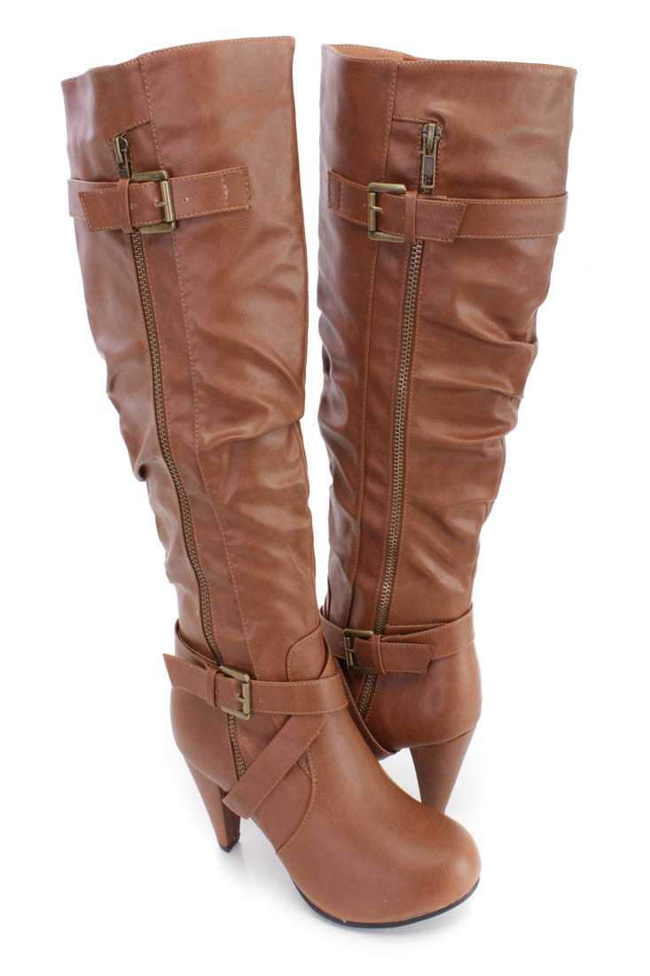 Tan Strappy High Heel Boots Faux Leather