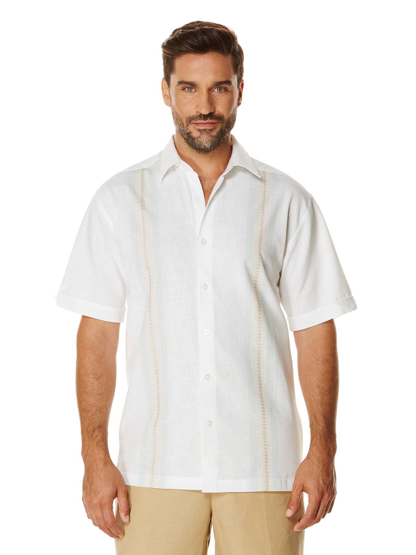 Cubavera Short Sleeve Yarn Dyed Panel Embroidered Shirt
