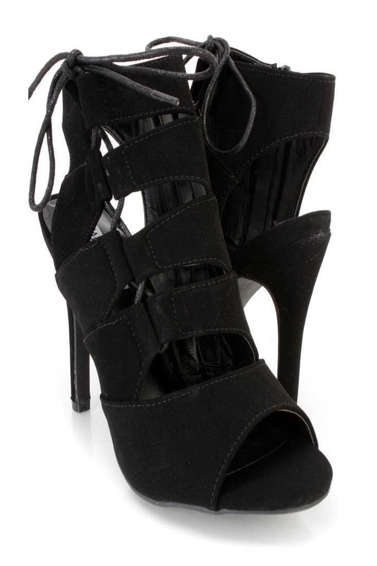 Black Strappy Lace Up Single Sole Heel Booties Nubuck
