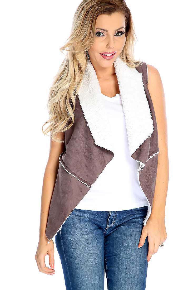 Mauve Shearing Trim Sleeveless Vest